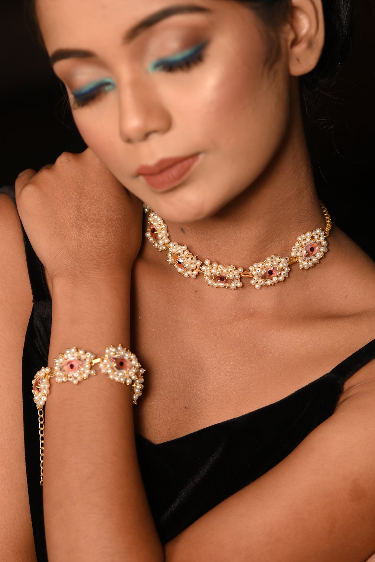 Gold Finish Pink Stone & Moti Bracelet