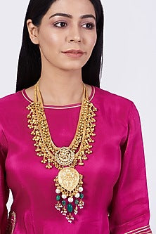 Gold Finish Long Necklace With Semi Precious Stone