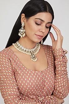 Gold Finish Kundan Polki Handcrafted Choker Necklace Set