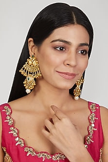 Gold Finish Pearl & Emerald Handcrafted Dangler Earrings