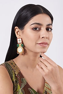 Gold Finish Red & Green Semi Stone Dangler Earrings