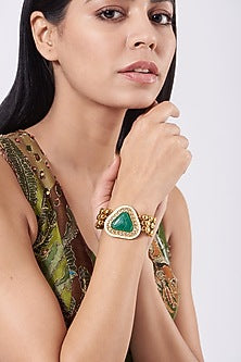 Gold Finish Green Semi Precious Stones Layered Bracelet