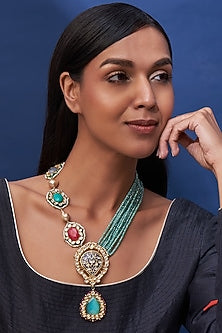 Gold Finish Green Quartz & Polki Meenakari Long Necklace