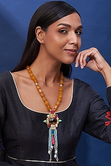 Gold Finish Yellow Agates & Crystal Beaded Long Necklace