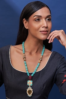 Gold Finish Blue Semi-Precious Stone & Imitation Polki Meenakari Necklace