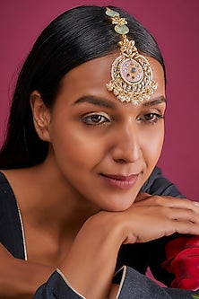 Gold Finish Pink Imitation Kundan Meenakari Maang Tikka