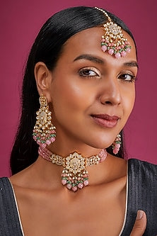 Gold Finish Pink Quartz & Imitation Polki Choker Necklace Set
