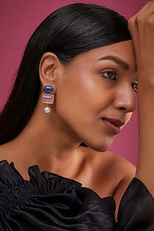 Gold Finish Pink Quartz & Semi-Precious Stone Earrings