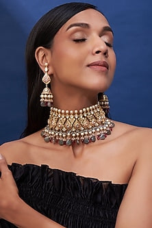 Gold Finish Multi-Colored Quartz & Imitation Polki Meenakari Choker Necklace Set
