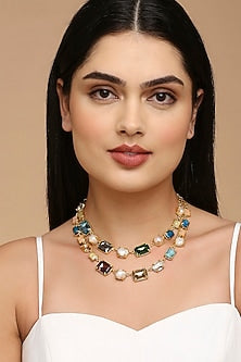 Gold Finish Semi-Precious Stone & Pearl Necklace