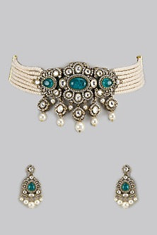 Two-Tone Finish Kundan Polki & Semi-Precious Stone Choker Necklace Set