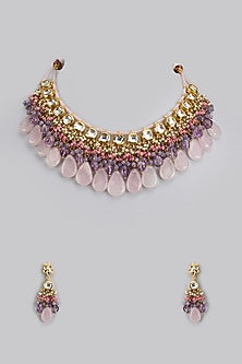 Gold Finish Kundan Polki & Semi-Precious Stone Choker Necklace Set