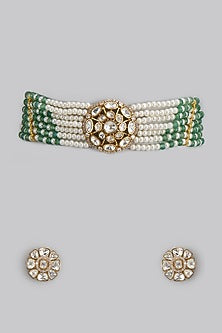 Gold Finish Kundan Polki & Semi-Precious Stone Choker Necklace Set