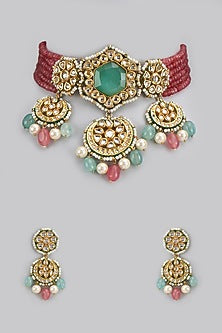 Gold Finish Kundan Polki & Semi-Precious Stone Choker Necklace Set