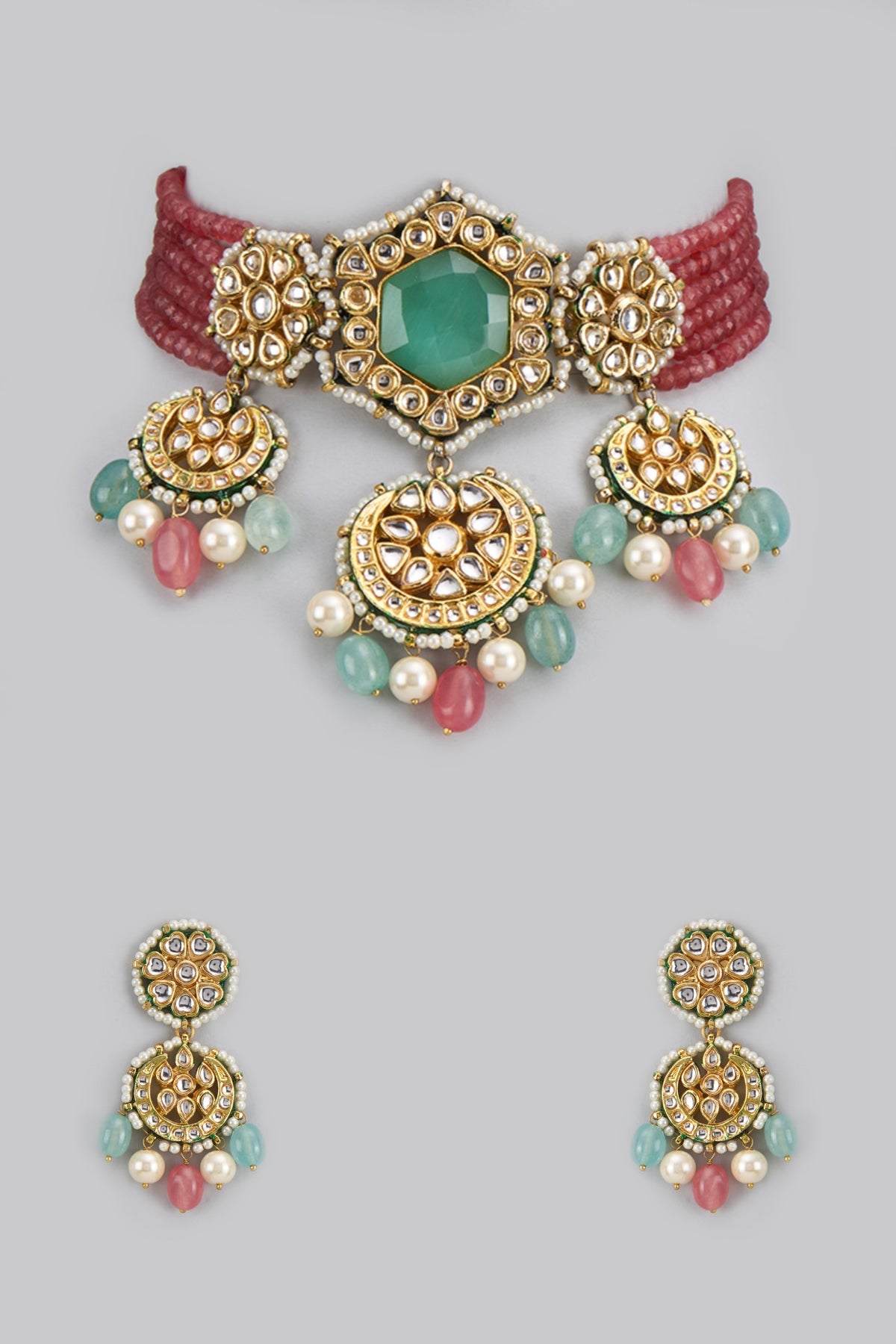 Gold Finish Kundan Polki & Semi-Precious Stone Choker Necklace Set