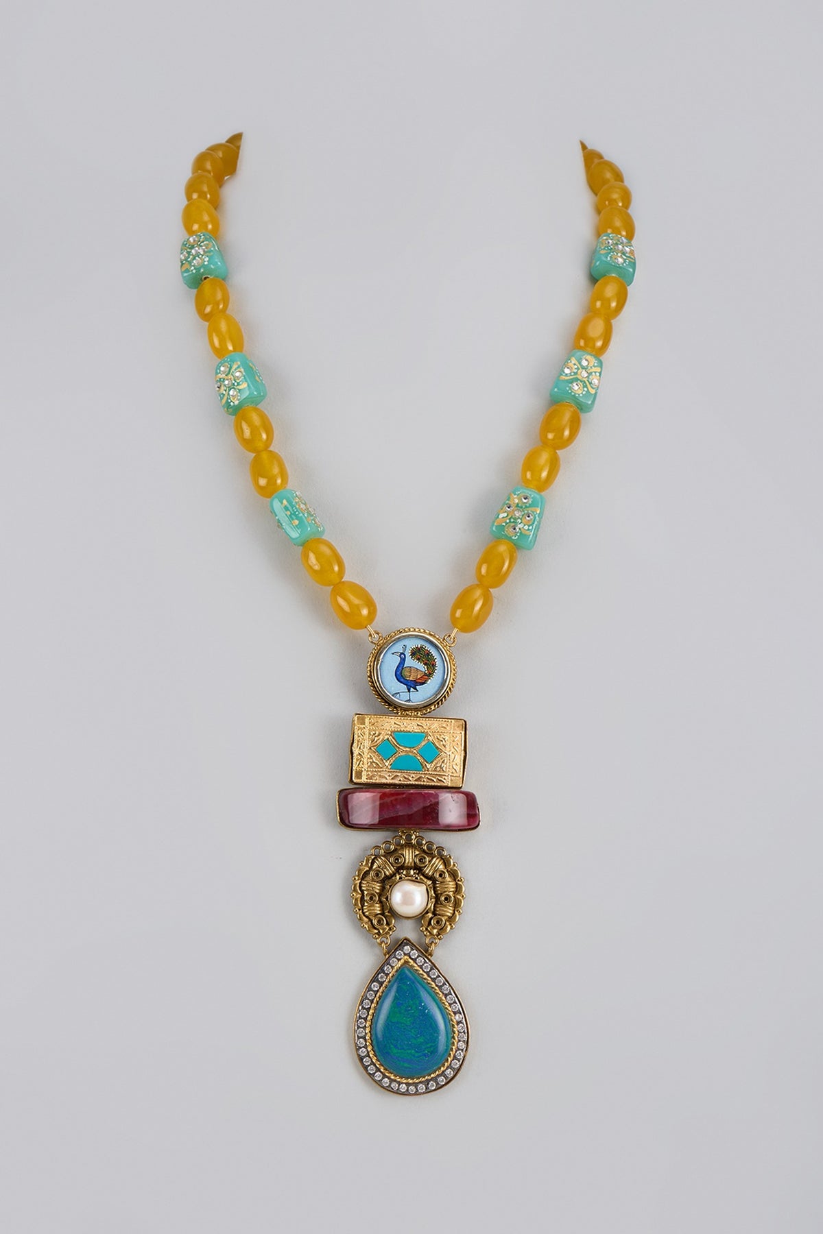 Gold Finish Kundan Polki & Semi-Precious Stone Necklace