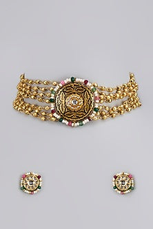 Gold Finish Kundan Polki & Faux Pearl Choker Necklace Set