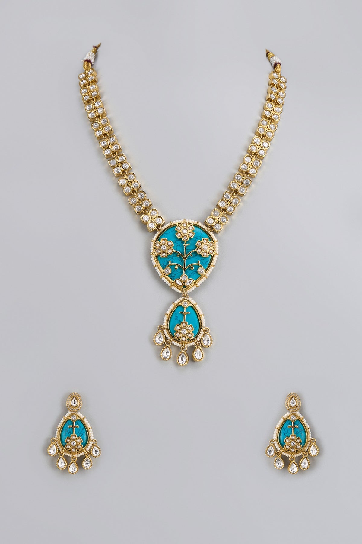 Gold Finish Kundan Polki & Semi-Precious Stone Necklace Set