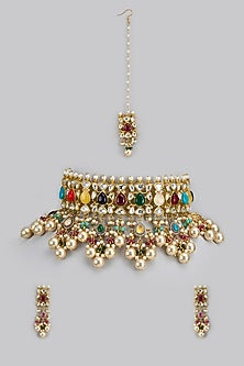 Gold Finish Kundan Polki & Semi-Precious Stone Choker Necklace Set