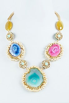 Gold Finish Multi-Colored Agate Stone Long Necklace