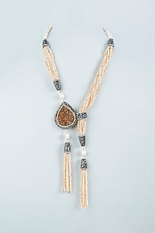 Black Rhodium Finish Brown Druzi Stone Long Necklace