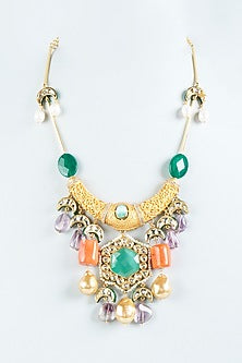 Gold Finish Multi-Colored Semi-Precious Stone Long Necklace