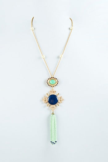 Gold Finish Aqua Green Semi-Precious Stone Long Necklace