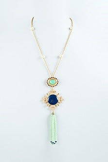 Gold Finish Aqua Green Semi-Precious Stone Long Necklace