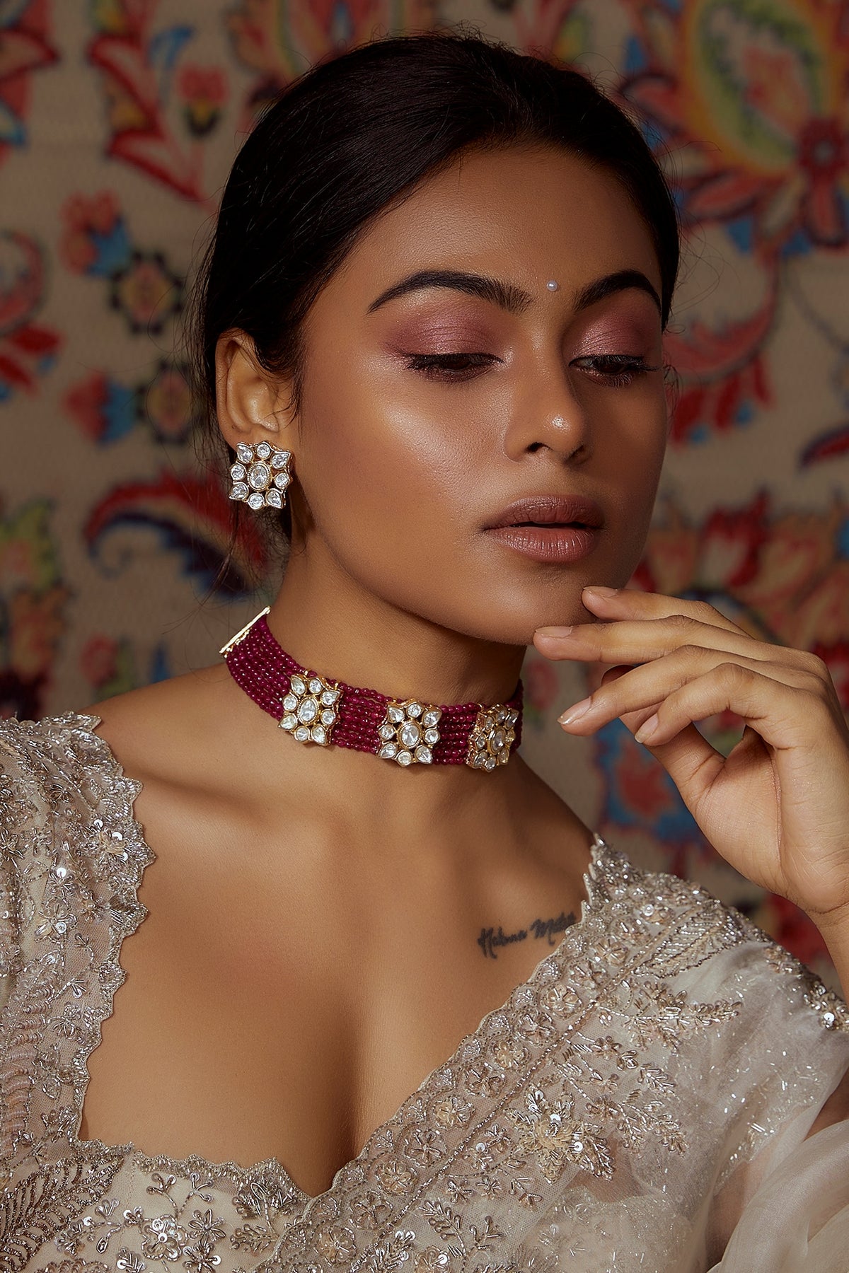 Gold Finish Semi-Precious Stone Choker Necklace Set