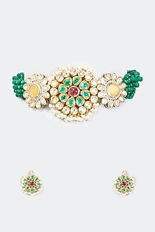 Gold Finish Green Kundan Polki Choker Necklace Set