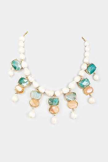 Gold Finish Multi-Colored Agate & Pearl Necklace