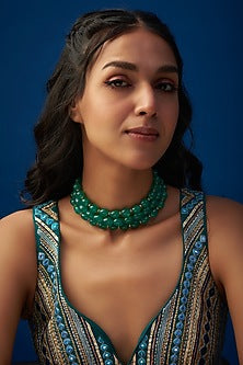 Gold Finish Green Semi-Precious Stone Choker Necklace