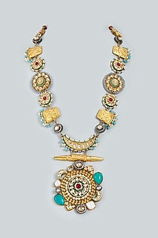 Gold Finish Long Necklace With Semi Precious Stones