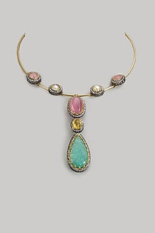 Gold Finish Kundan Polki & Semi-Precious Stone Necklace
