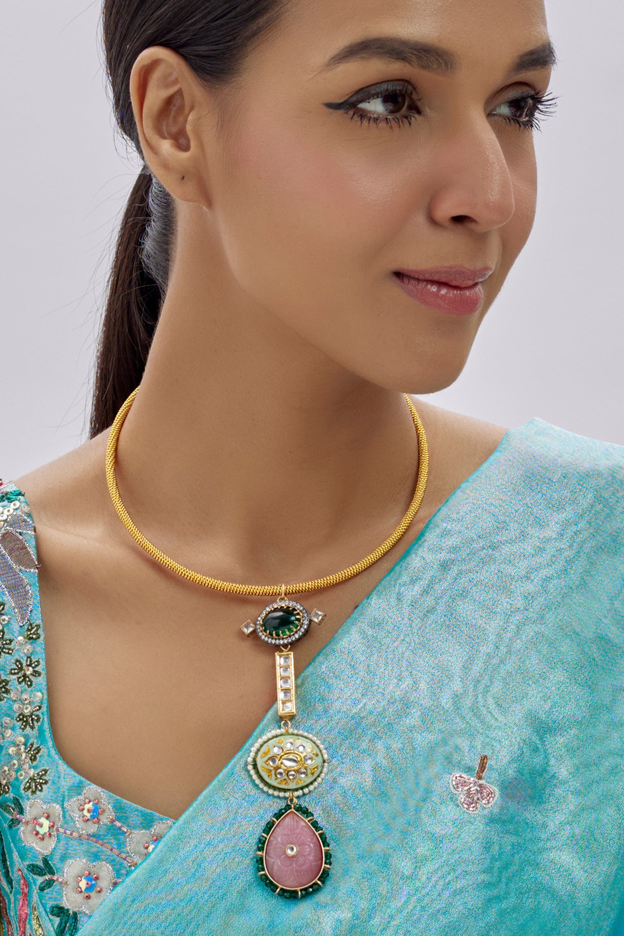 Gold Finish Kundan Polki & Semi-Precious Stone Necklace