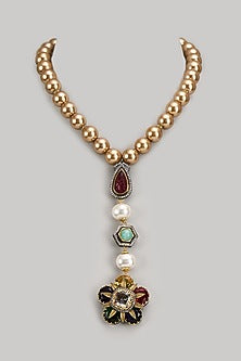 Gold Finish Kundan Polki & Semi-Precious Stone Long Necklace