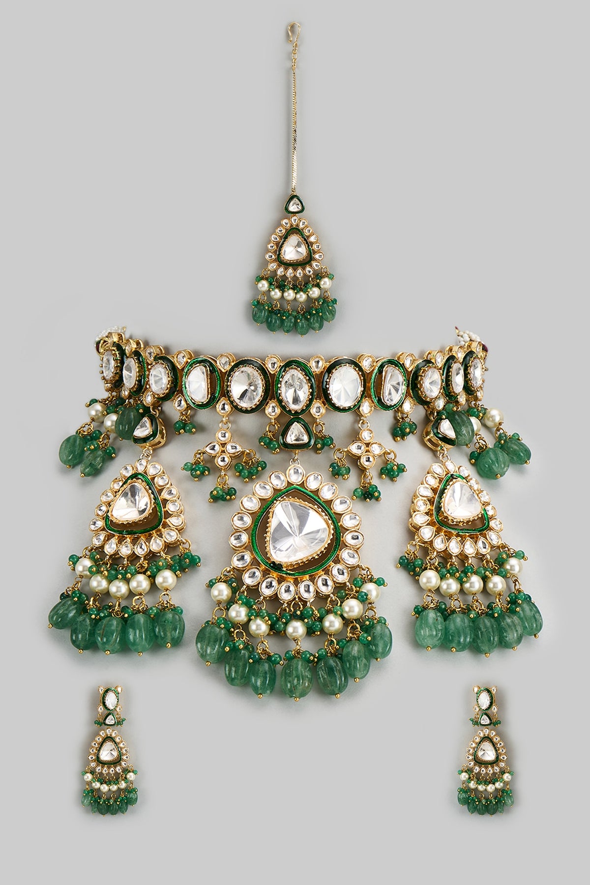Gold Finish Kundan Polki & Green Semi-Precious Stone Necklace Set
