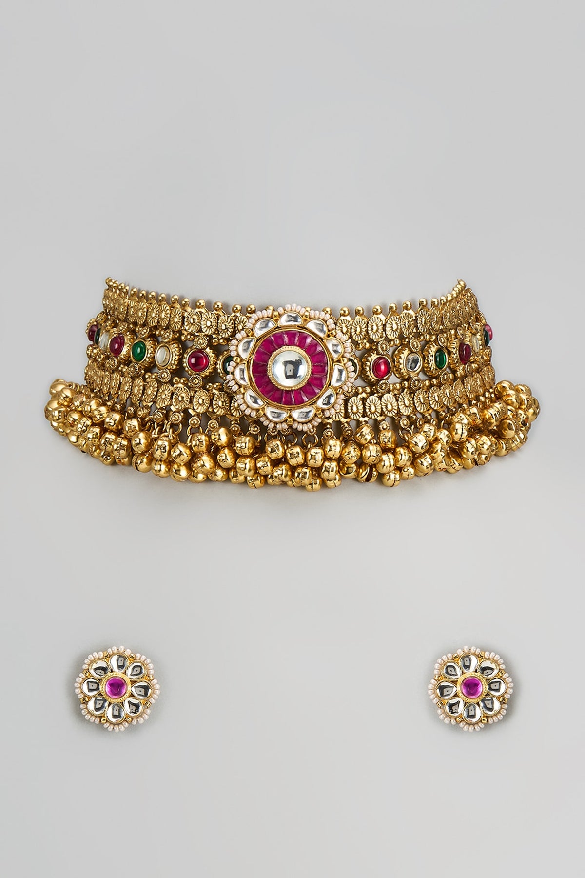 Gold Finish Imitation Kundan Polki & Semi-Precious Stone Necklace Set
