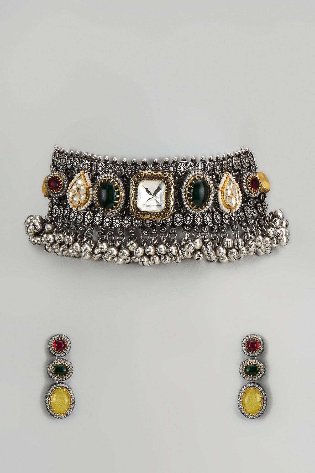 Oxidised Silver Finish Imitation Kundan Polki Necklace Set