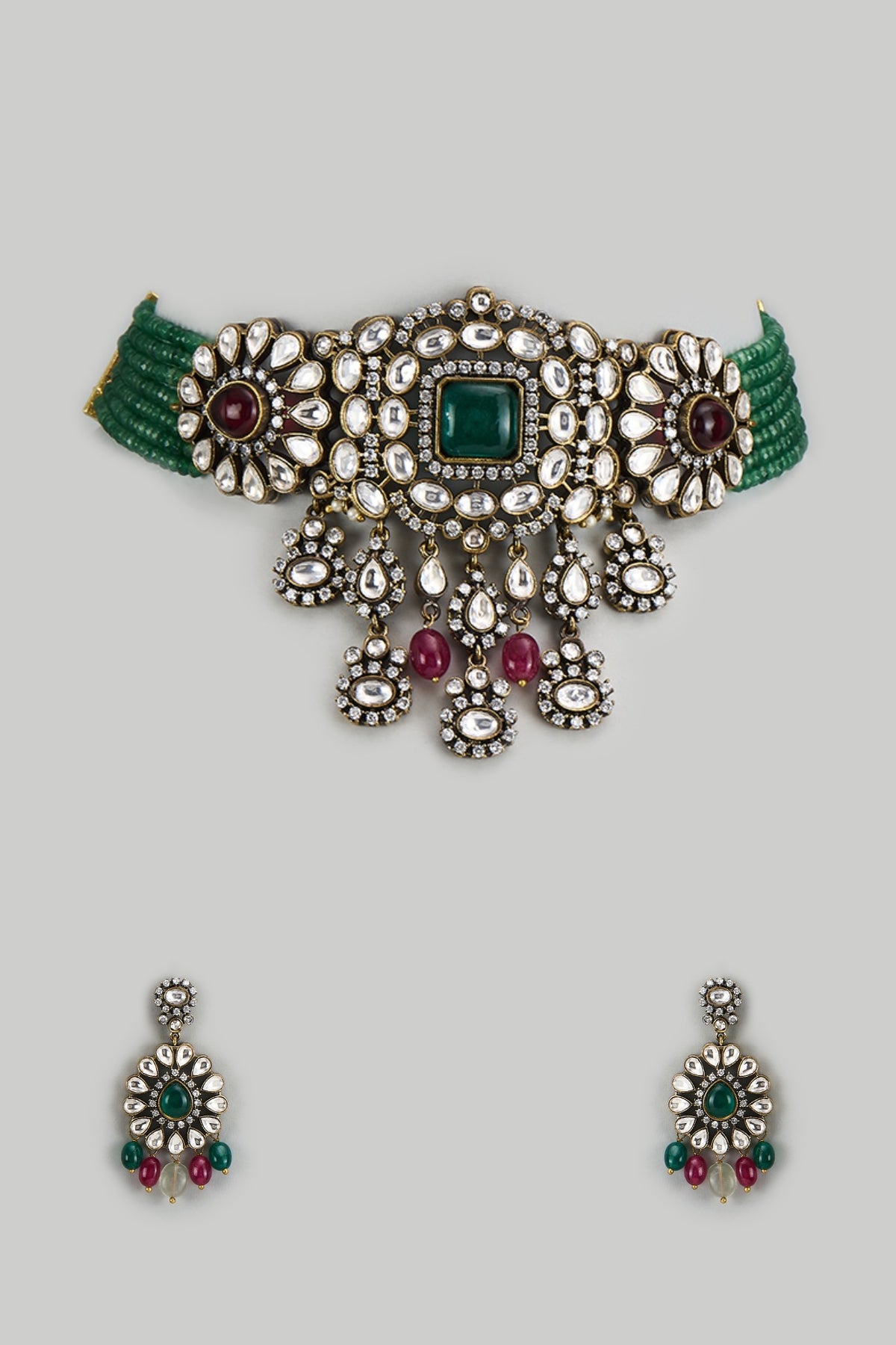 Gold Finish Kundan Polki & Green Semi-Precious Stone Necklace Set