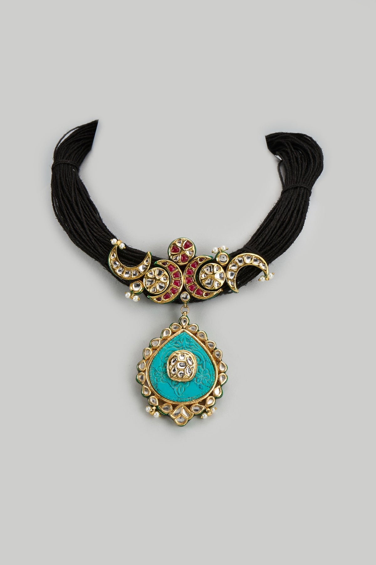 Gold Finish Kundan Polki Black Jute Necklace
