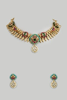 Gold Finish Kundan Polki & Semi-Precious Stone Necklace Set