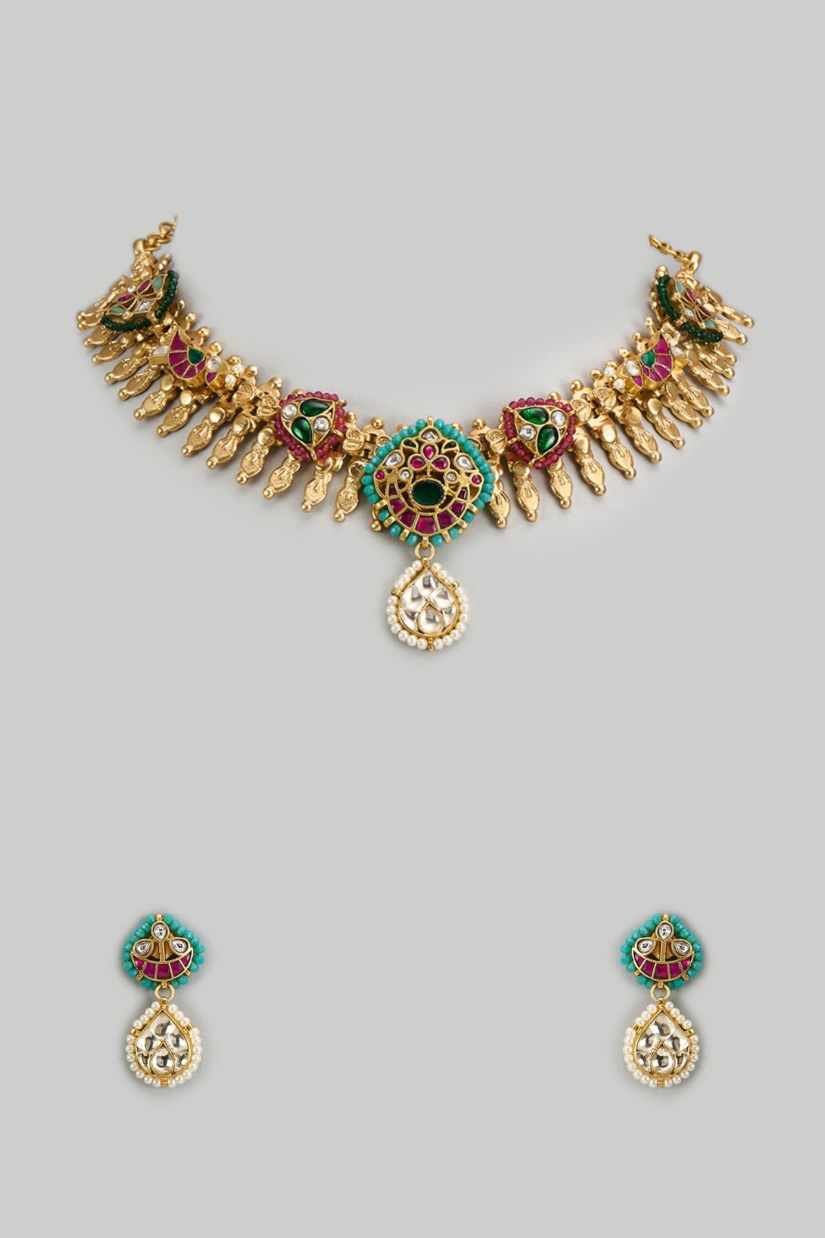 Gold Finish Kundan Polki & Semi-Precious Stone Necklace Set