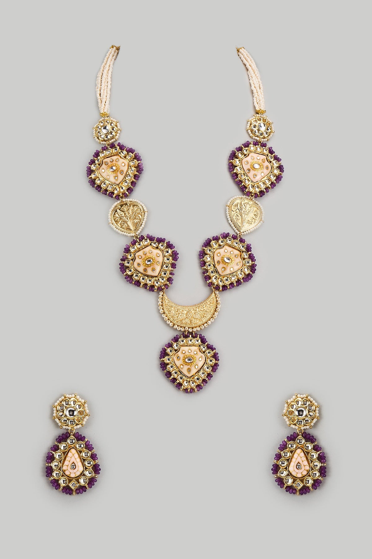 Gold Finish Kundan Polki & Semi-Precious Stone Necklace Set