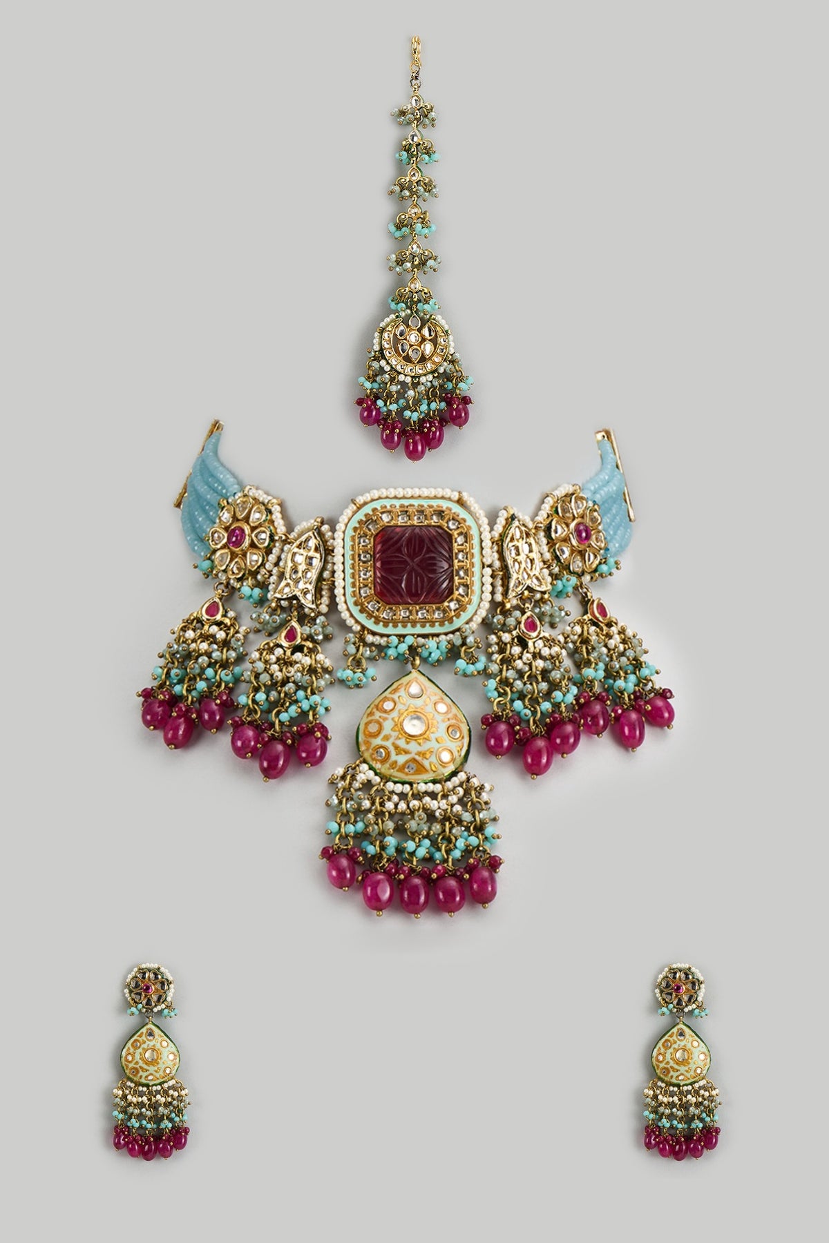Gold Finish Kundan Polki & Ruby Semi-Precious Stone Choker Necklace Set