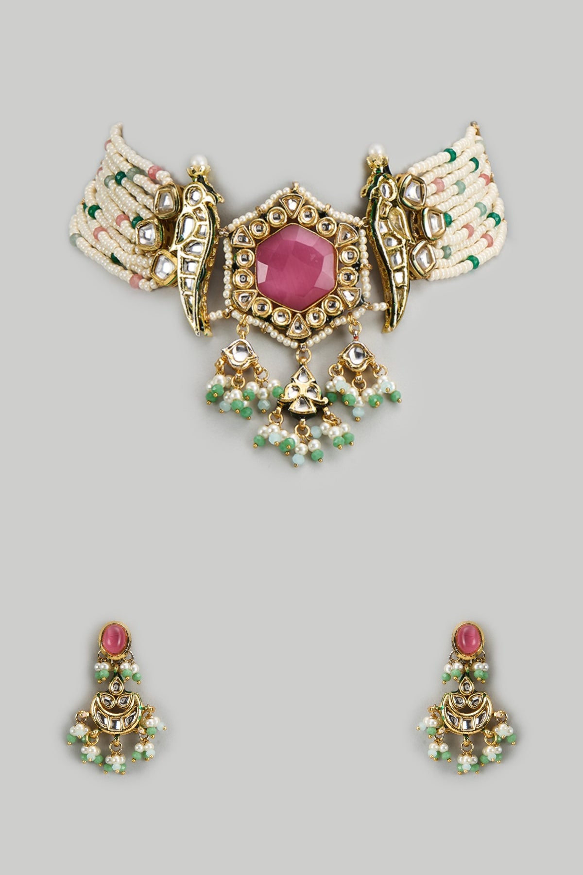 Gold Finish Kundan Polki & Green Semi-Precious Stone Choker Necklace Set