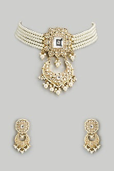 Gold Finish Kundan Polki & Semi-Precious Stone Choker Necklace Set