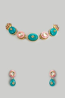 Gold Finish Kundan Polki & Semi-Precious Stone Choker Necklace Set
