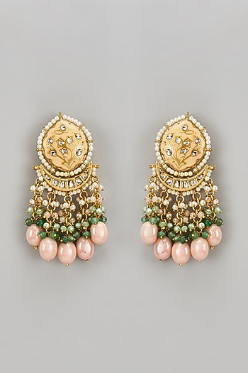 Gold Finish Peach Kundan Polki Dangler Earrings