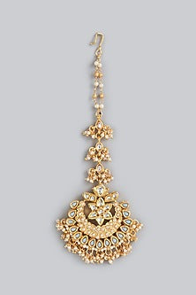 Gold Finish Kundan Polki & Faux Pearls Maang Tikka